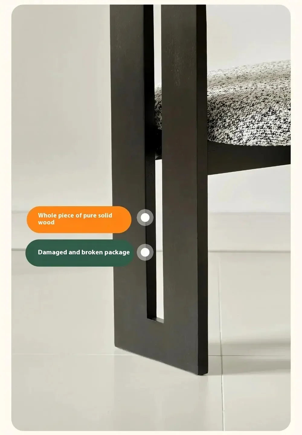 Chair with a focus on the wooden leg and seat, showing text labels for 'whole piece of pure solid wood' and 'damaged and broken package'.