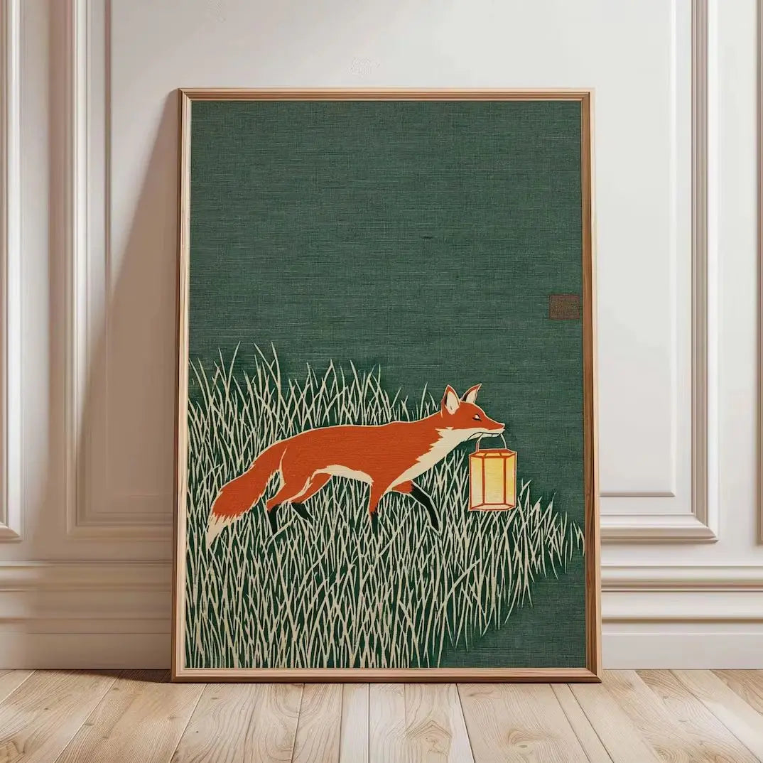 Minimalist Japanese-inspired fox art print showing an orange fox carrying a lantern through tall grass against a deep green background in a natural wood frame.