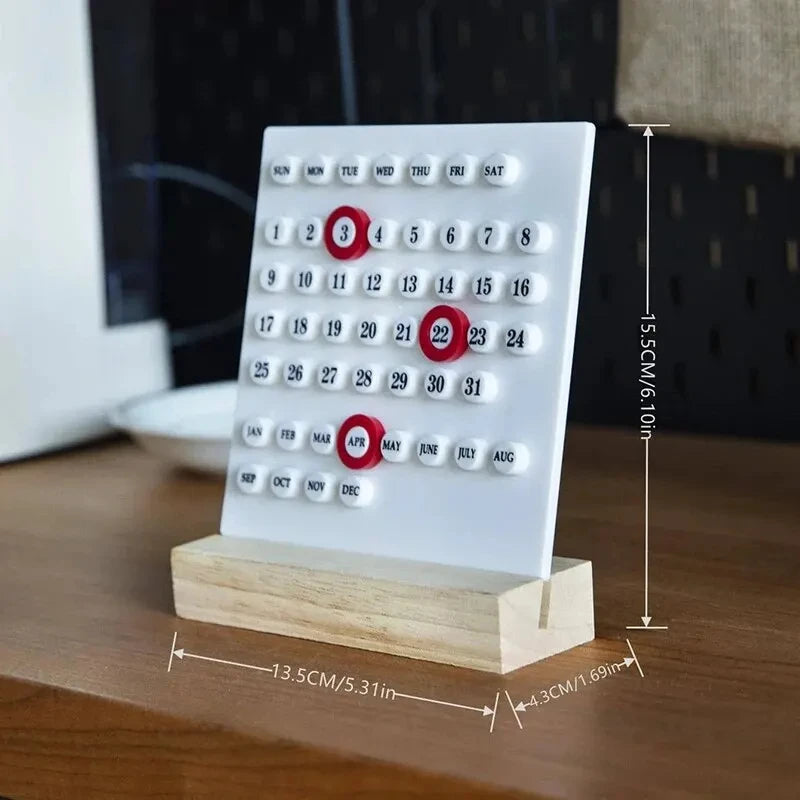 Calendar on a wooden stand with measurements indicated