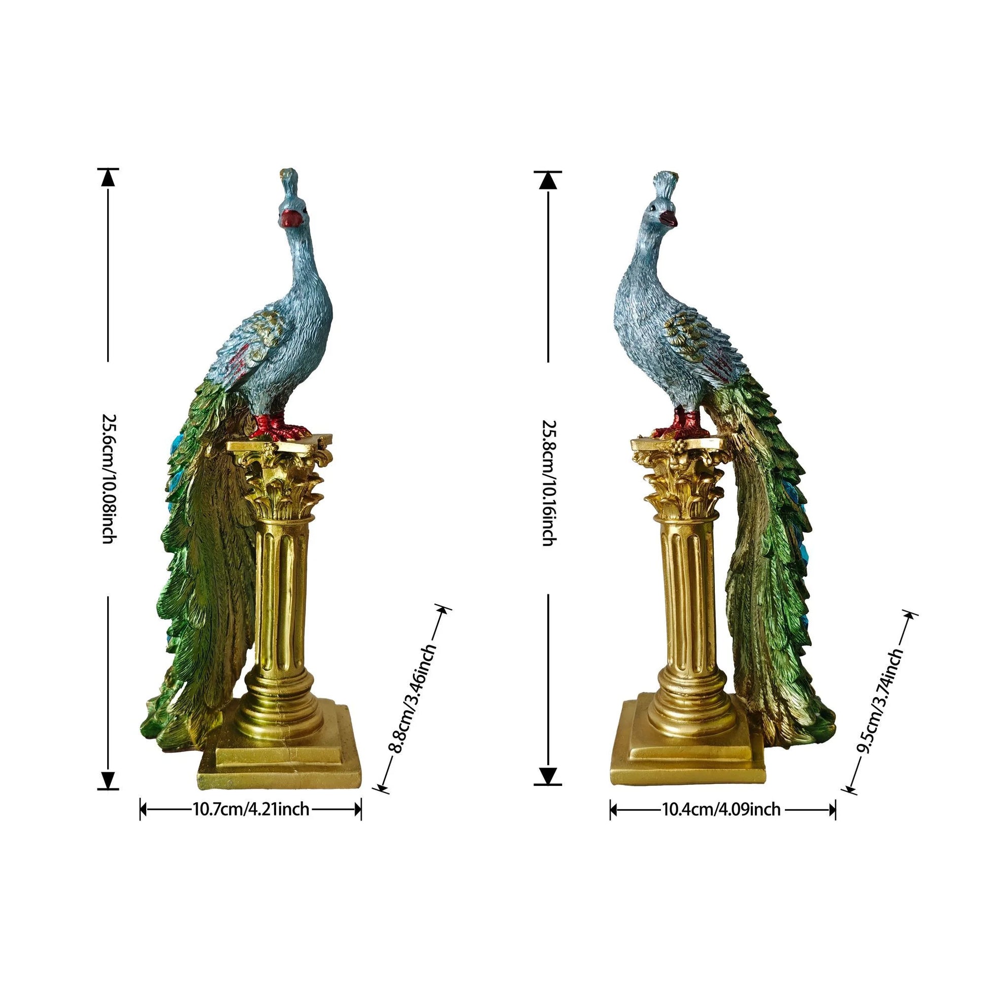 Two peacock statues on columns with measurements indicated.