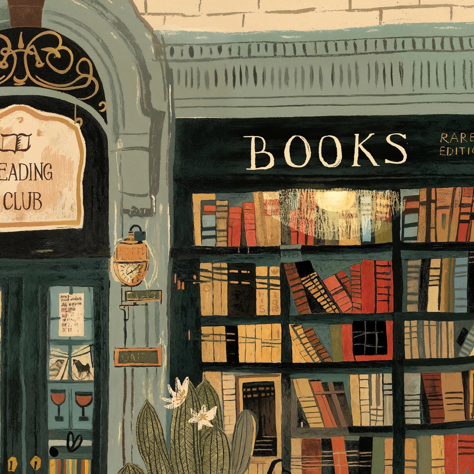 Illustration of a bookshop with books displayed outside, featuring a 'Reading Club' sign.