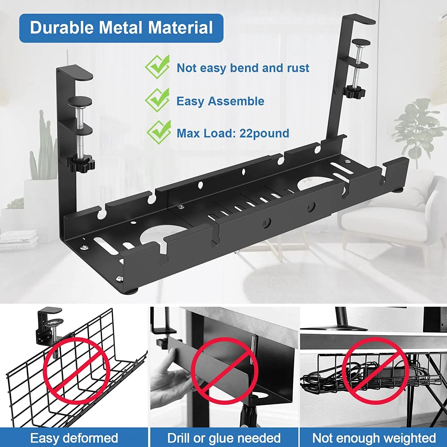 Black metal wall mount with durability features highlighted on a white background