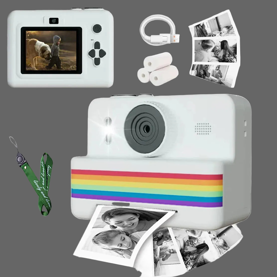 White instant camera with rainbow stripe, photos, lanyard, and cables on a white background