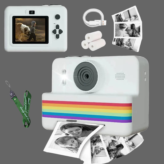 White instant camera with rainbow stripe, photos, lanyard, and cables on a white background