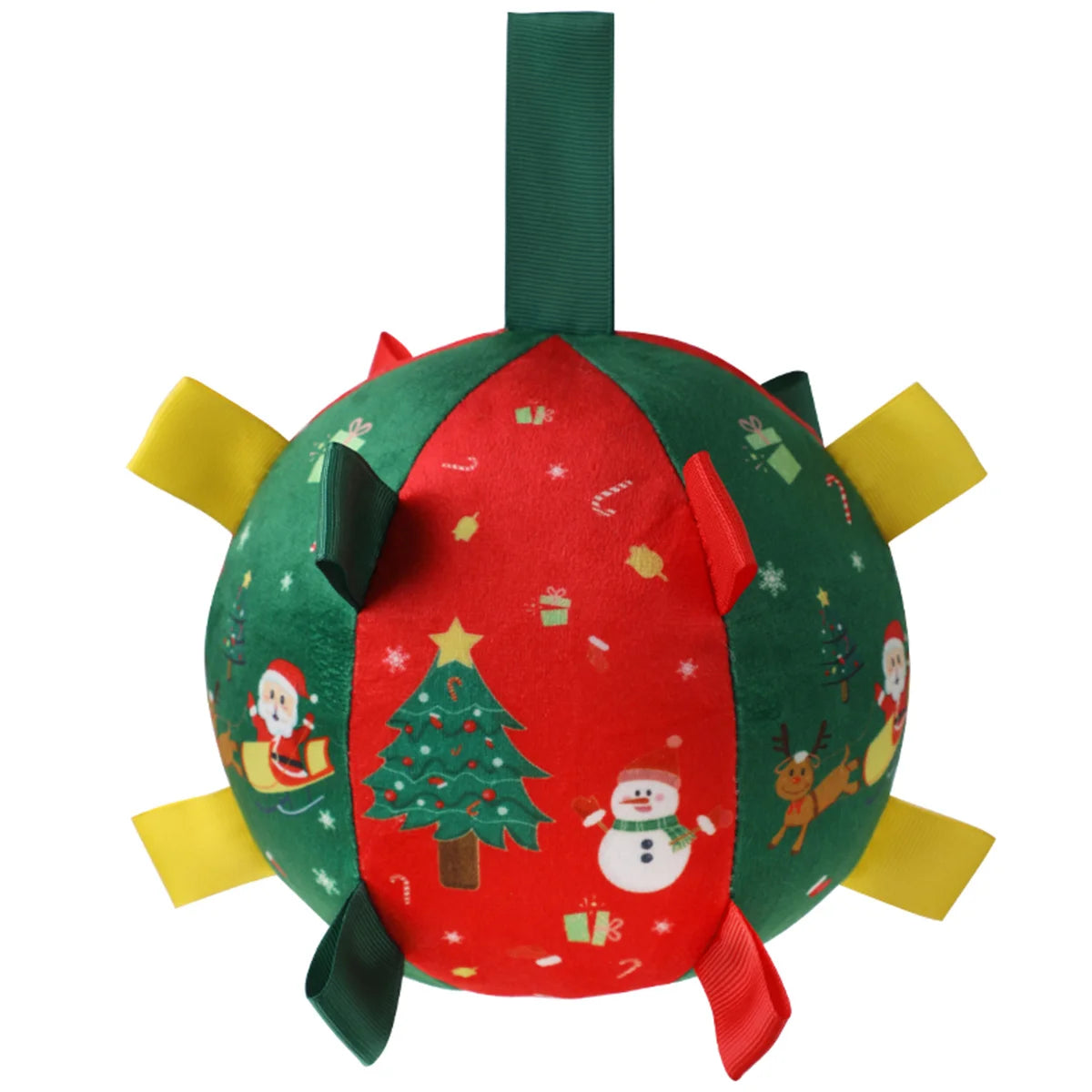 Christmas-themed soft toy with colorful patterns on a white background