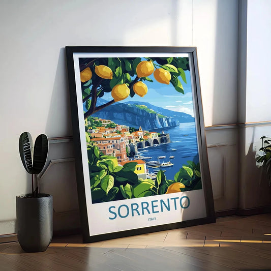 Framed artwork of Sorrento, Italy with a scenic view of the town and sea.