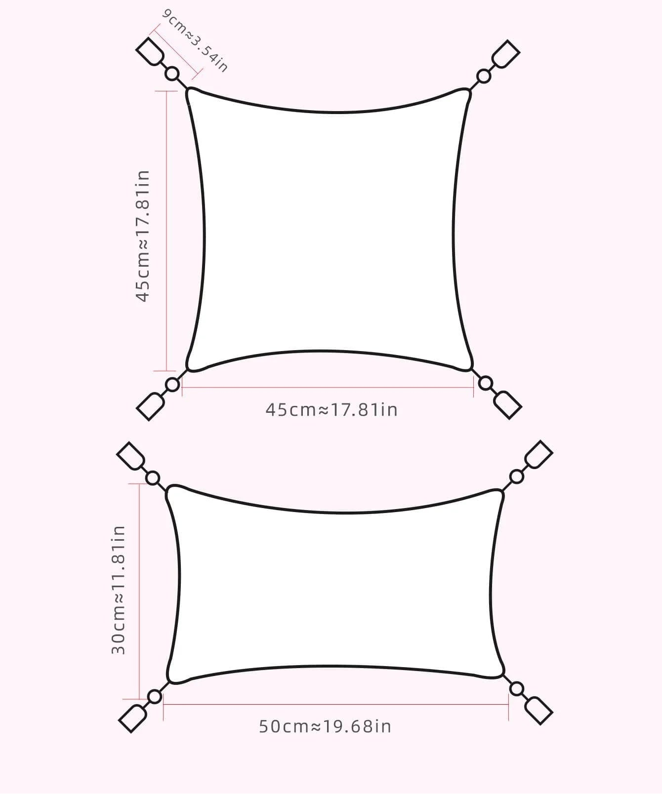 Measurement chart for a pillow cover without core on a light pink background