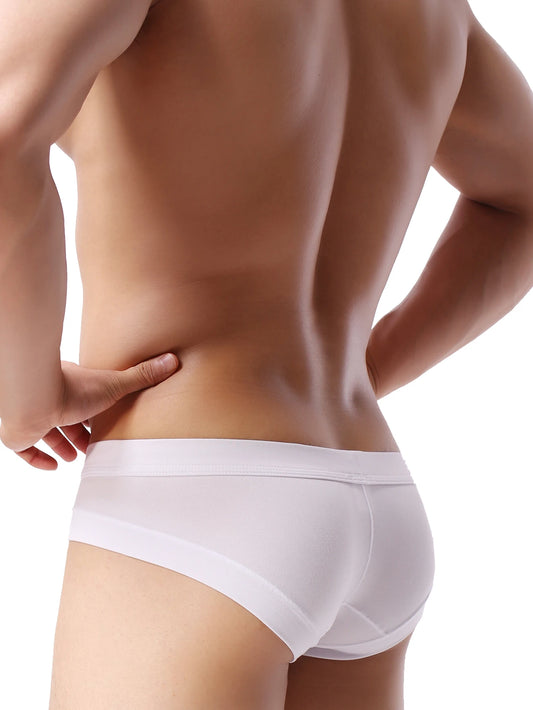 Person wearing a white underwear on a plain background