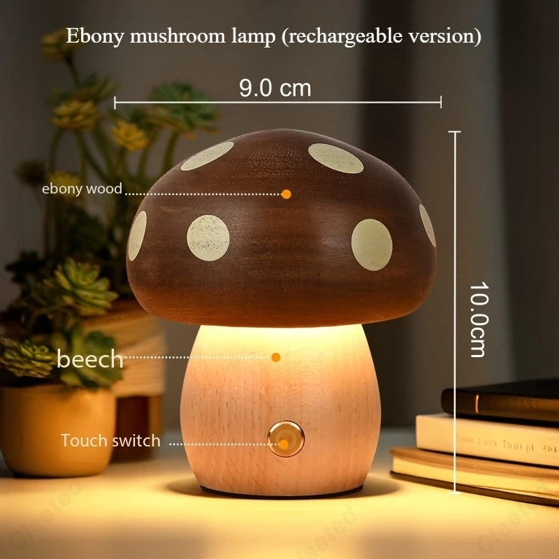 Mushroom-shaped lamp with dimensions and material details on a blurred background