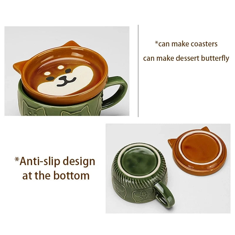 Ceramic mug with a cat-shaped lid on a white background