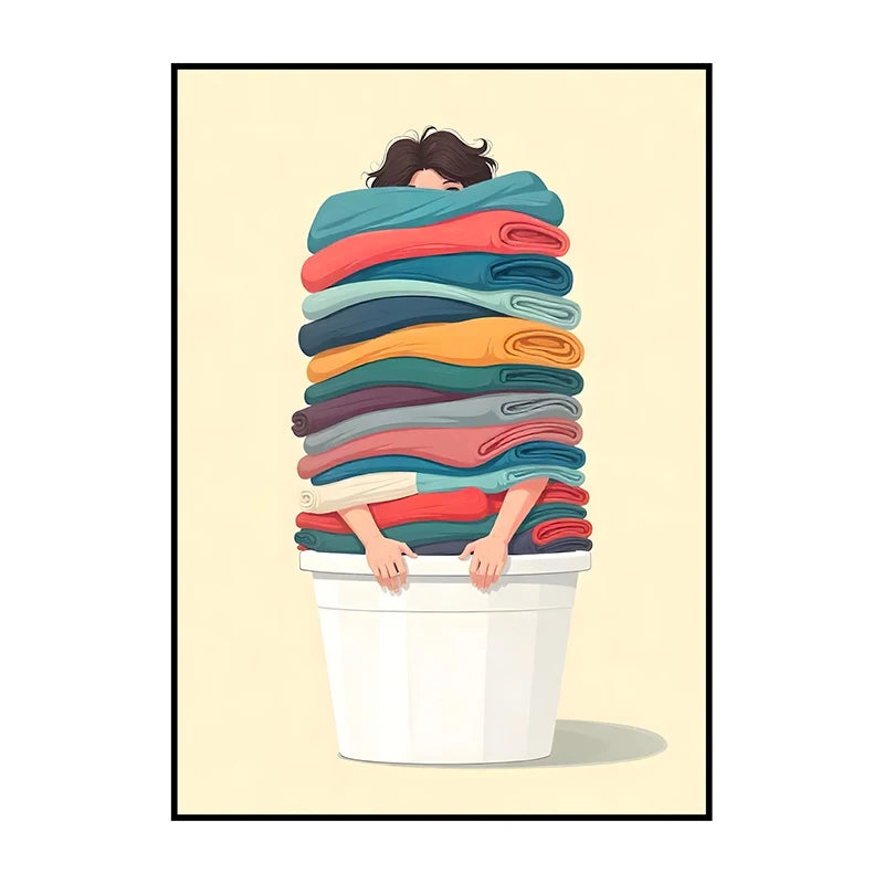 Illustration of a person buried under a pile of colorful clothes inside a white bucket on a beige background.