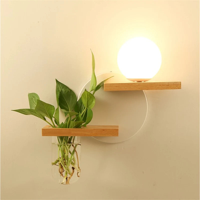 Wall-mounted wooden shelves with plants and a light bulb on a beige wall.
