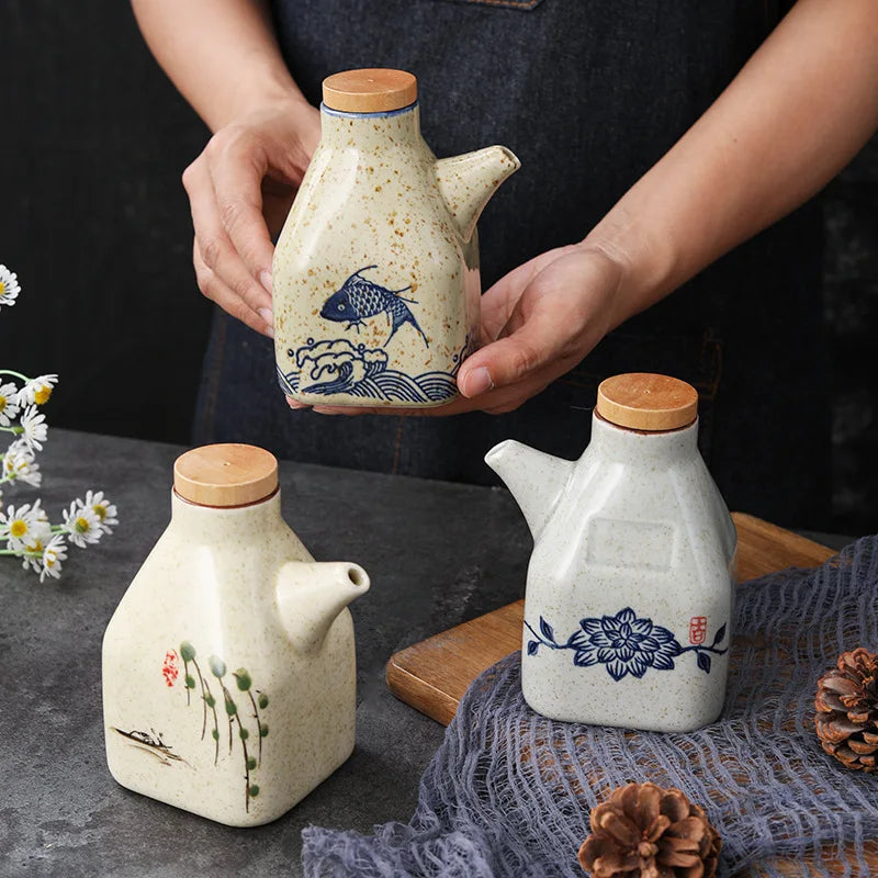 Japanese ceramic sauce dispenser bottle with bamboo lid for oil vinegar and soy sauce
