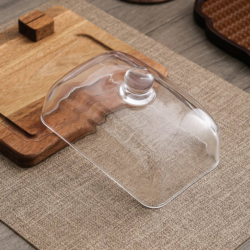 Acacia wood butter dish with clear glass dome and serving knife