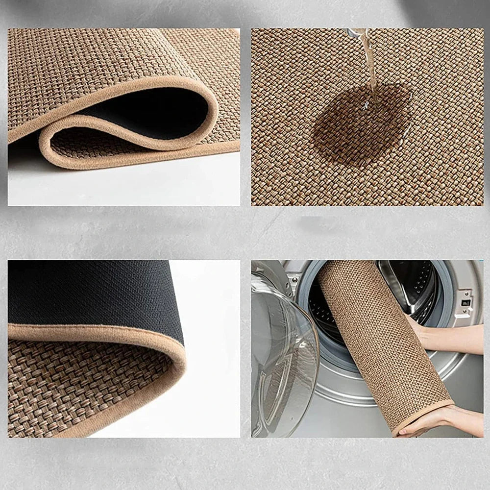 Collage of a woven mat being rolled out, water spill, and being placed inside a washing machine.