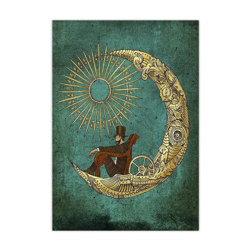 Decorative poster with a gold crescent moon and sun design on a textured green background