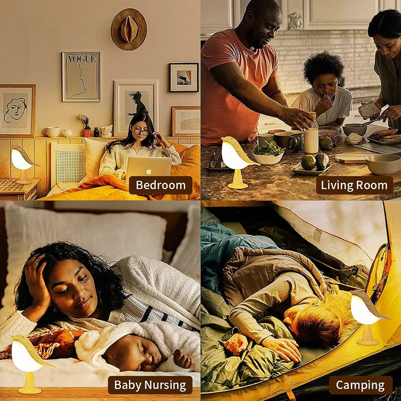 Collage of four scenes labeled 'Bedroom', 'Living Room', 'Baby Nursing', and 'Camping' with a lamp in each.