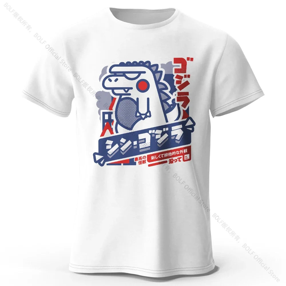 White t-shirt with a graphic design featuring a dinosaur-like creature and text on a white background