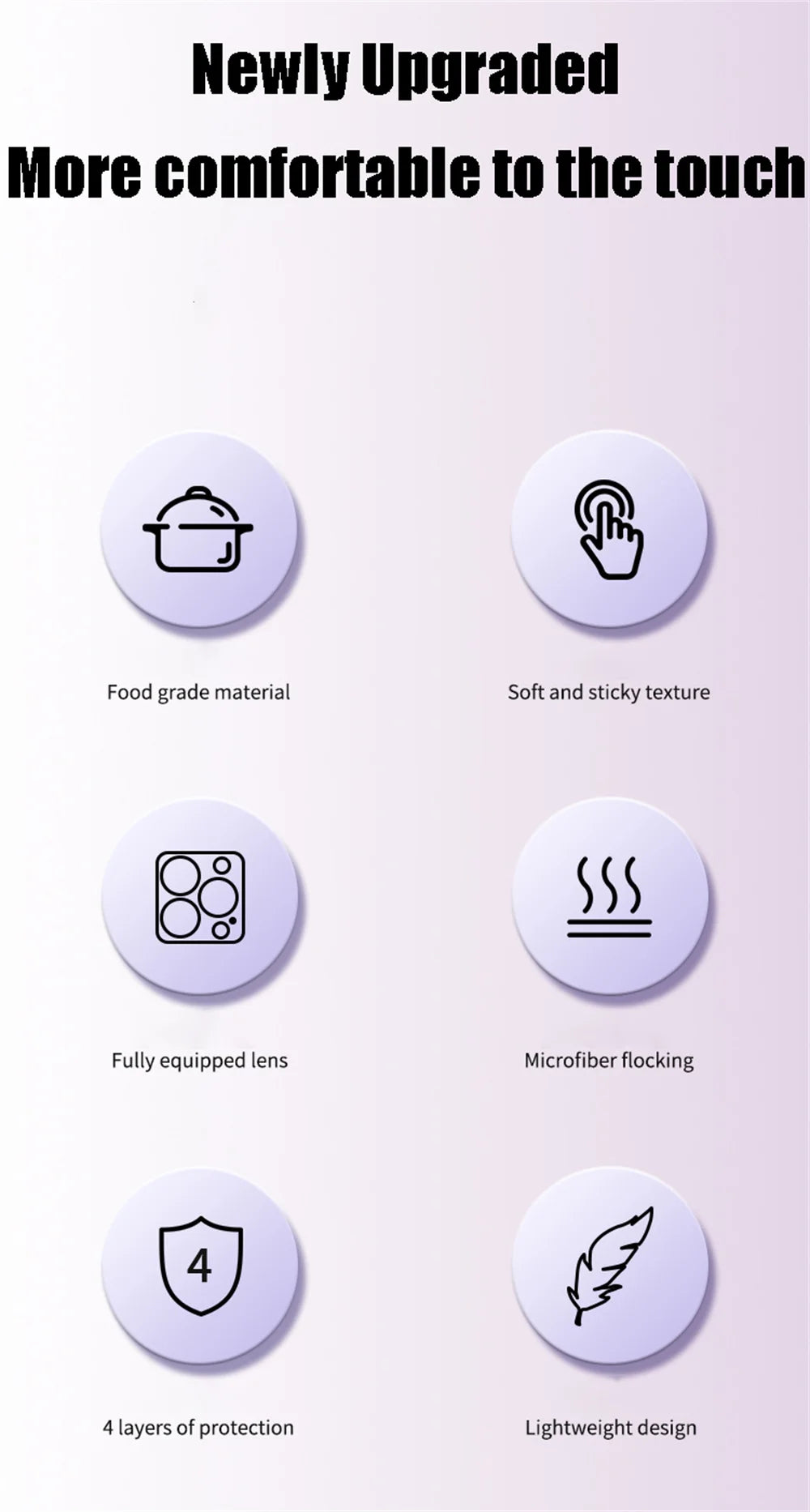 List of features with icons and text on a light pink background