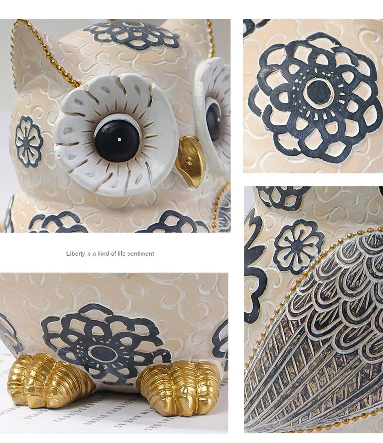 Decorative owl figurine with intricate patterns and gold accents on a white background.