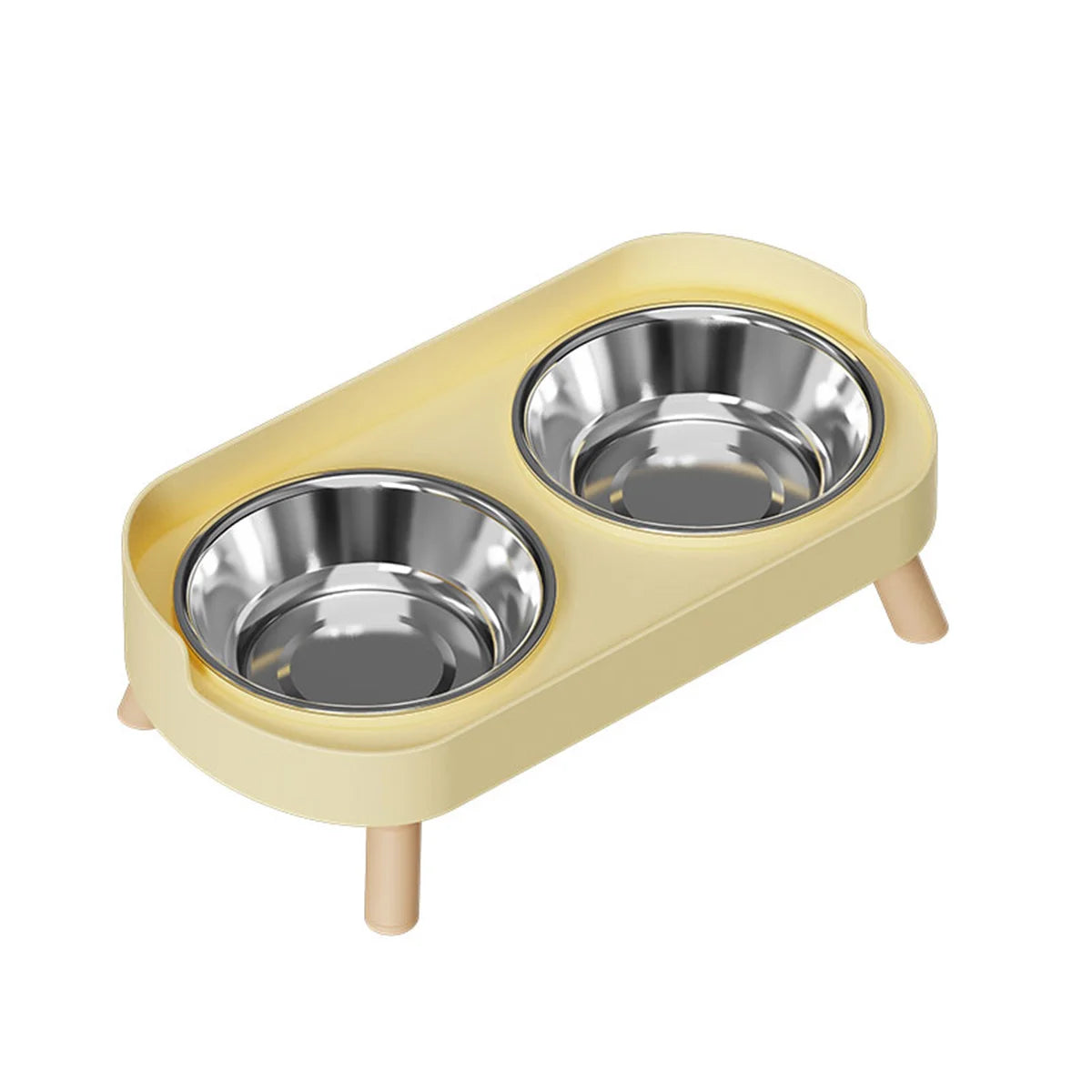 Double pet feeder with metal bowls on a beige stand against a white background