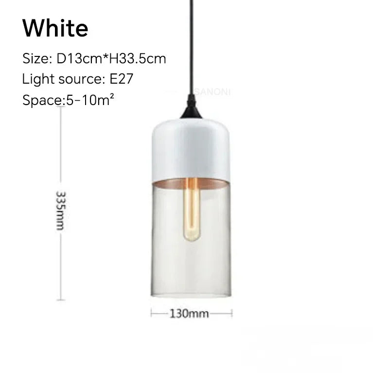 White pendant light with dimensions and specifications on a white background