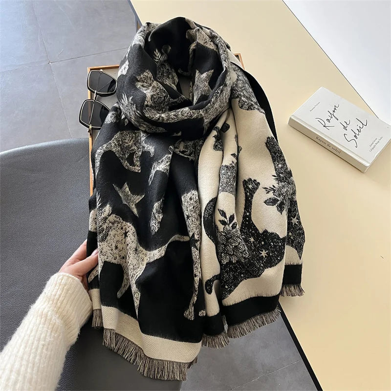 Women’s winter cat print pashmina-style scarf in soft polyester