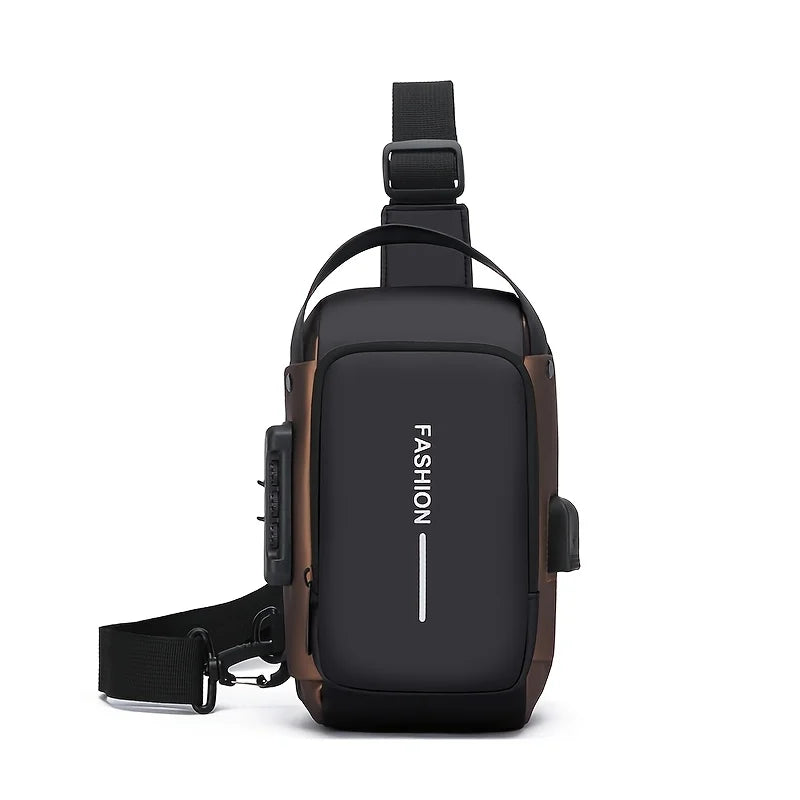 Black and brown crossbody bag with 'FASHION' text on a white background