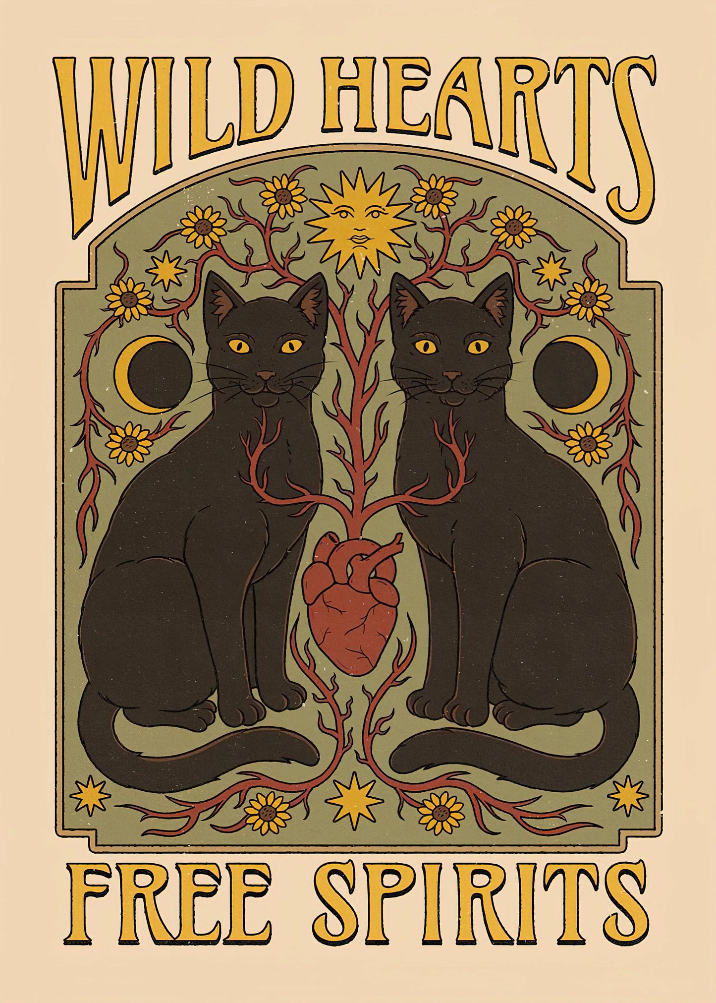 Decorative poster with two black cats, a heart, and celestial elements on a beige background.