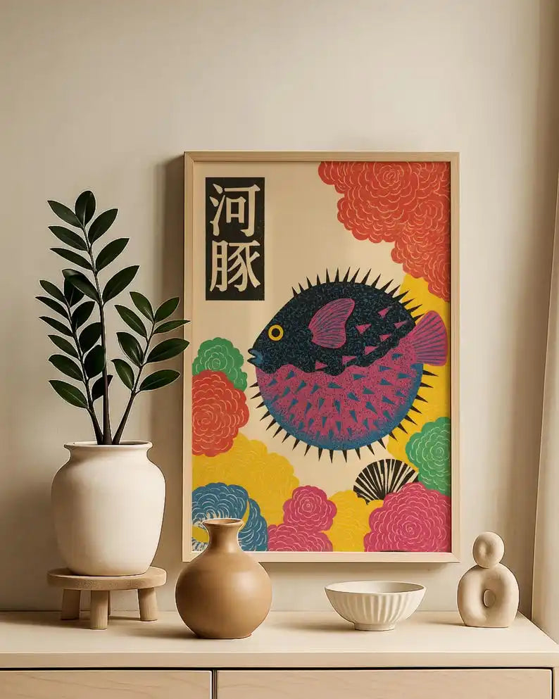Colourful Japanese-inspired puffer fish canvas artwork featuring a dark blue and pink fish surrounded by stylised coral, yellow and teal flowers, displayed in a light wooden frame.