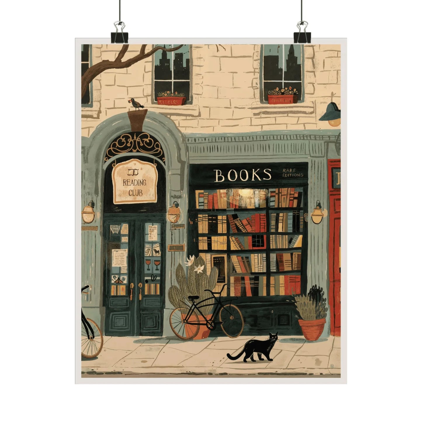 Illustration of a bookshop with a cat and bicycle outside