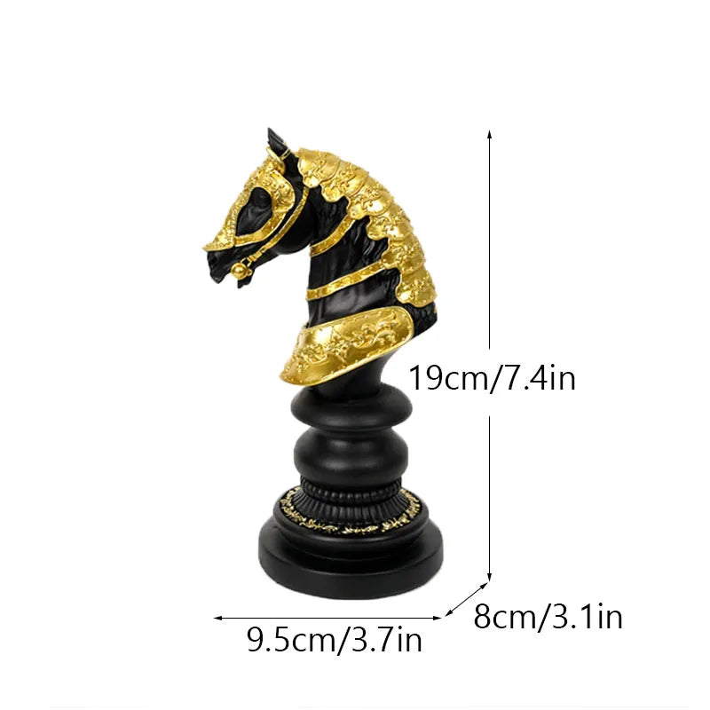 Decorative chess piece with gold and black details, shown with measurements on a white background.