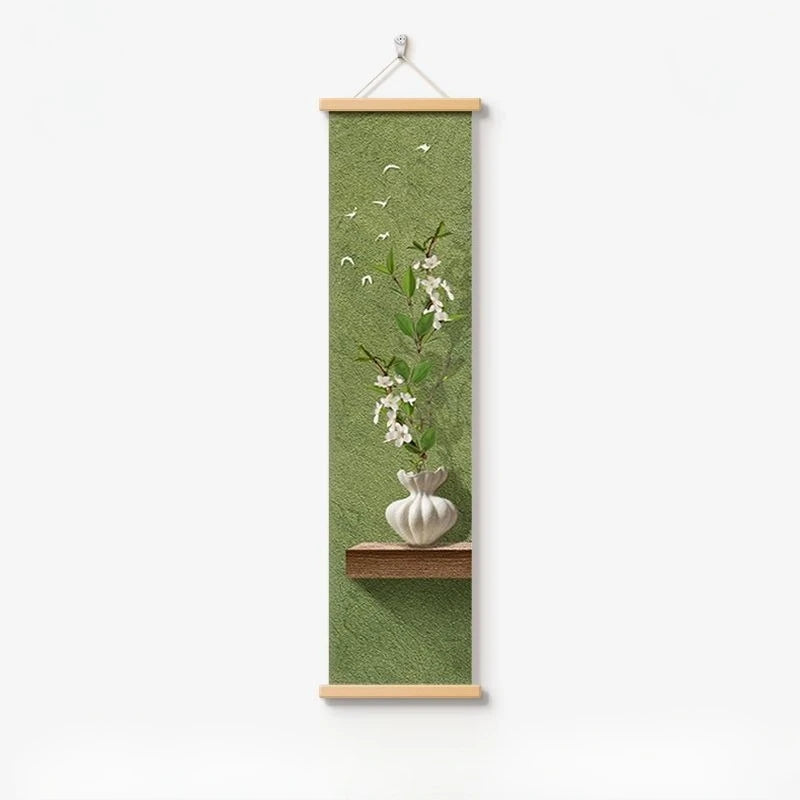 Hanging scroll with a green background, wooden frame, and decorative elements on a white background