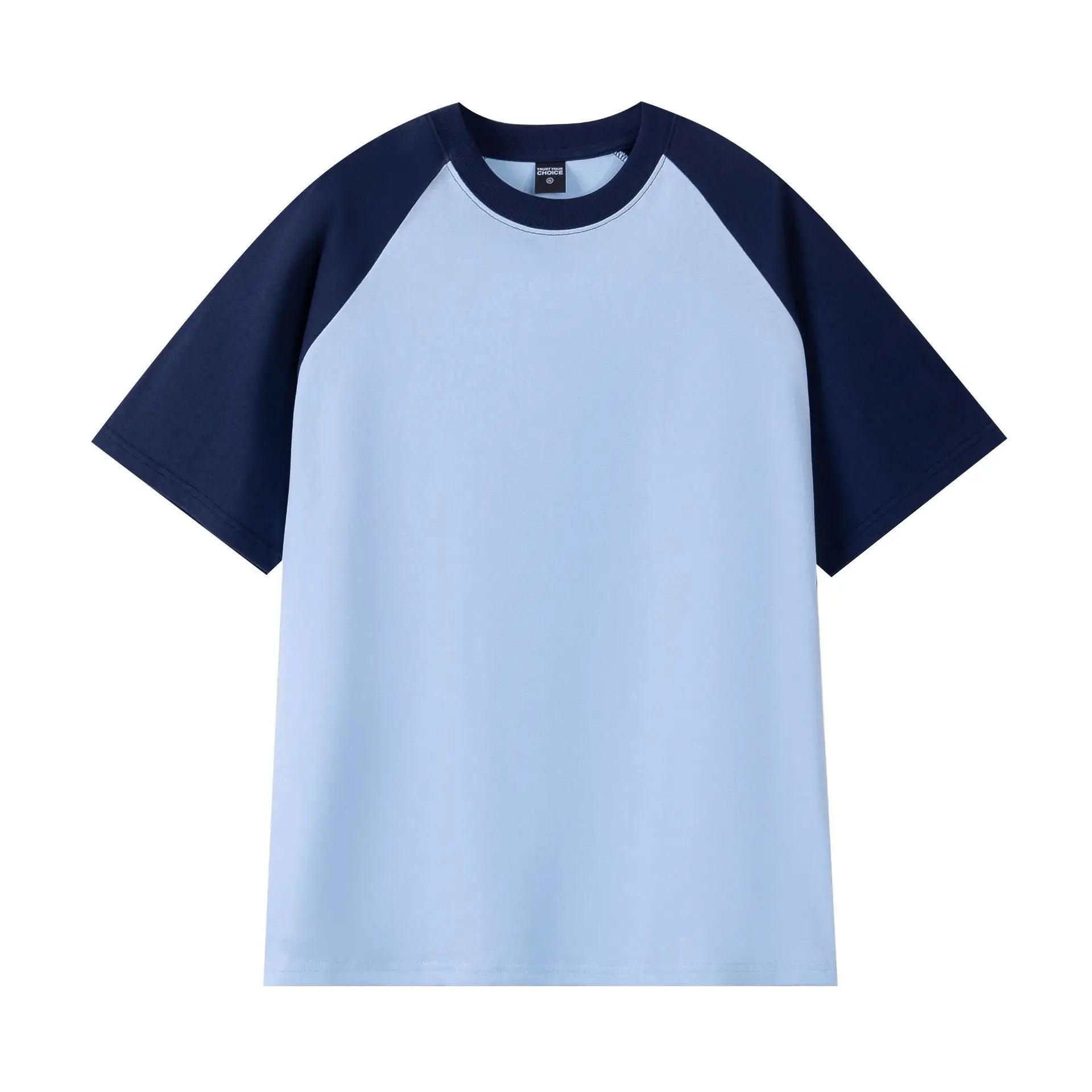 Light blue t-shirt with navy sleeves on a white background