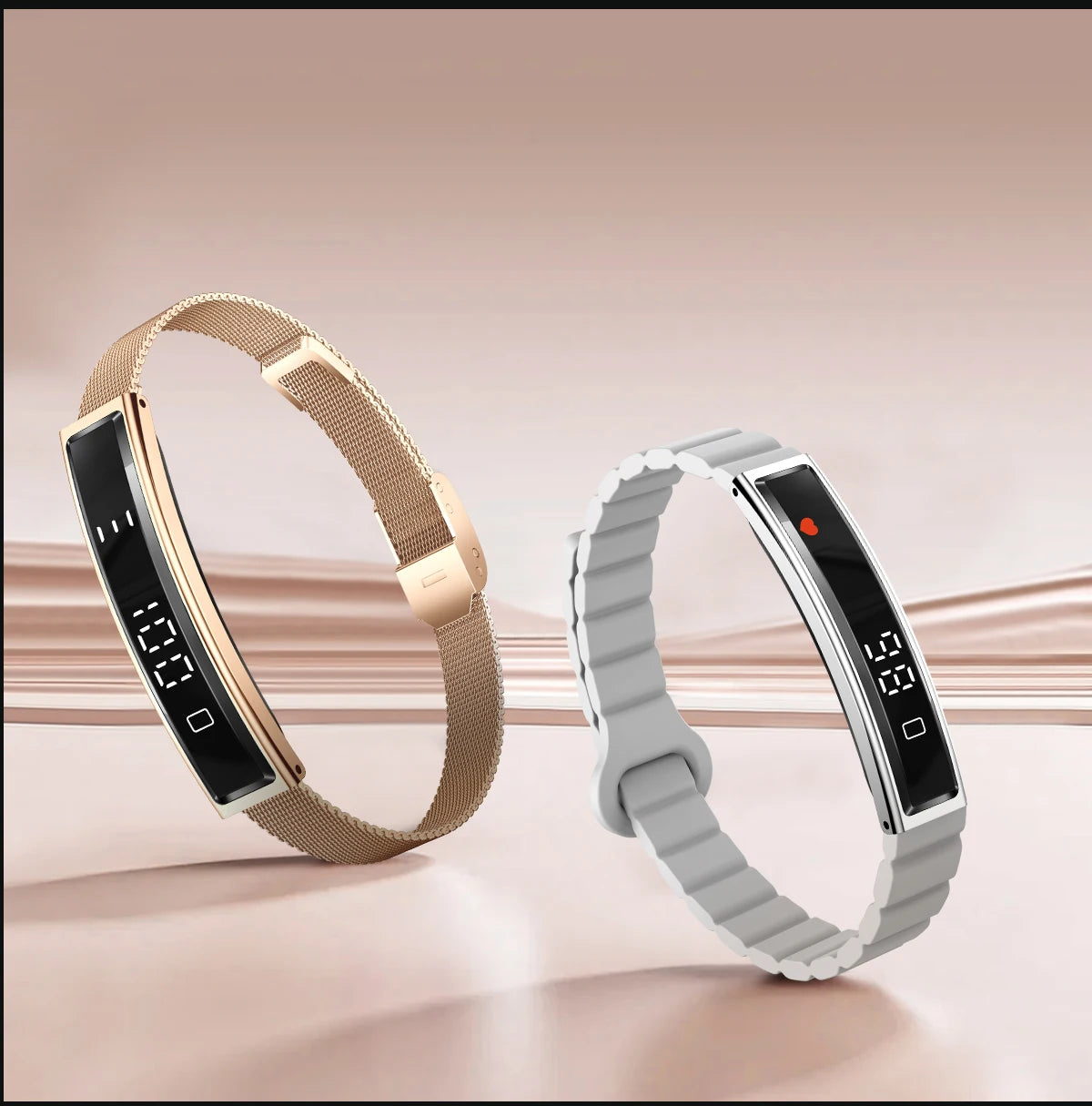 Smart fitness bracelet in gold and white, showing slim touchscreen and silicone/mesh straps.