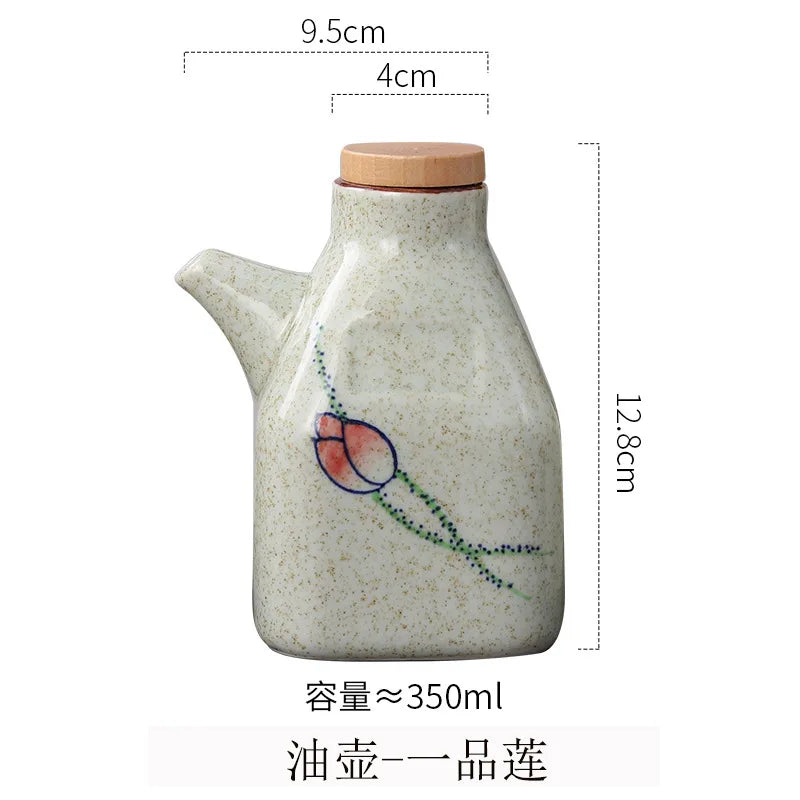 Ceramic oil bottle with wooden lid and measurements on a white background