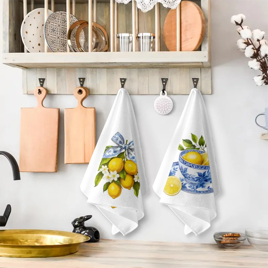 Kitchen wall with cutting boards, towels, and decorative items