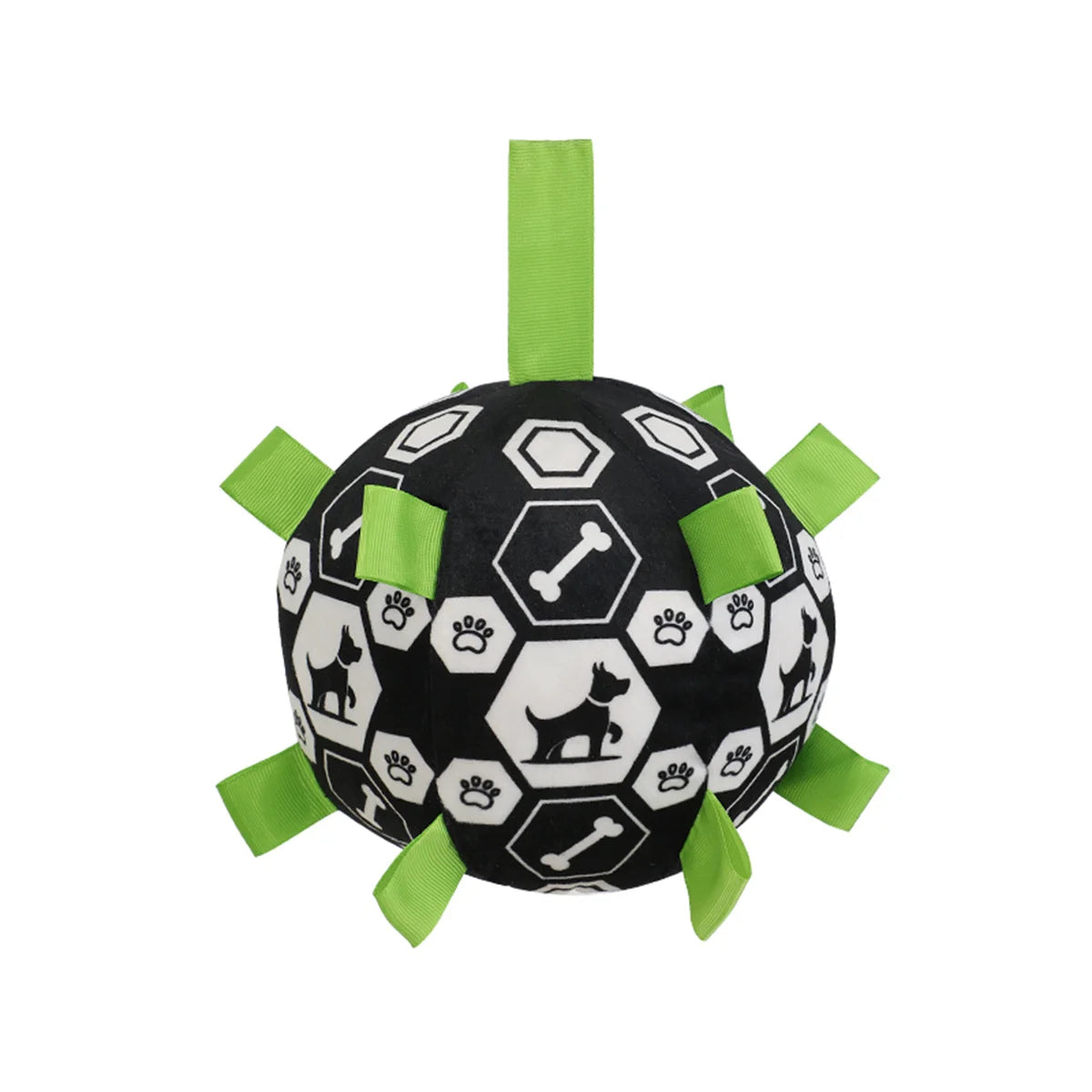 Black and white ball with green tabs and dog-themed designs on a white background