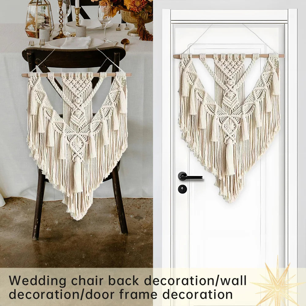 Macrame wall hanging displayed on a chair and door frame.