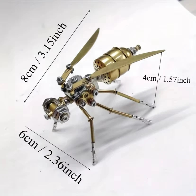 Mechanical model with propellers and gears, showing measurements on a white background