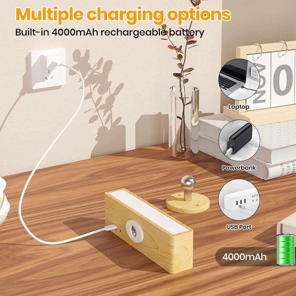 Wooden charging station with multiple charging options on a desk.