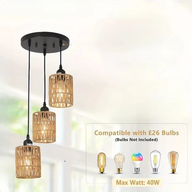 Three pendant lights with rattan-style shades on a white background