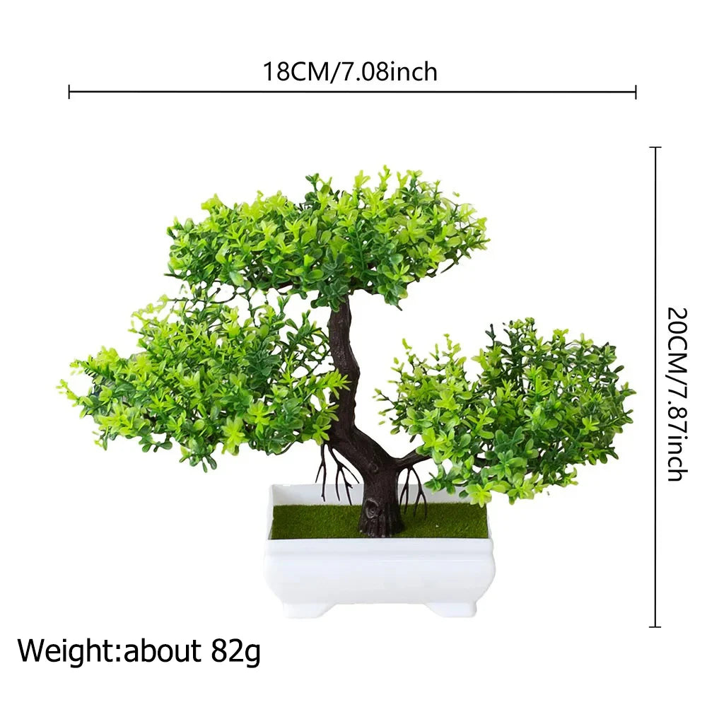 Artificial bonsai tree with dimensions and weight information on a white background