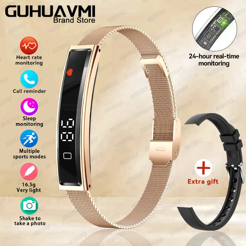 Smart fitness bracelet in gold and white, showing slim touchscreen and silicone/mesh straps.