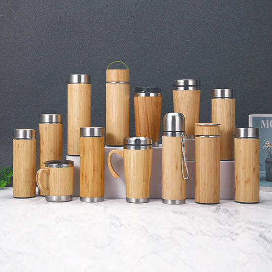 Bamboo vacuum flask insulated stainless steel travel bottle with natural wood finish