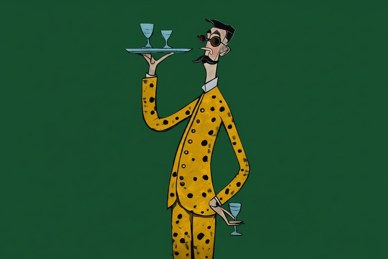 Man in a yellow spotted suit holding a tray with drinks on a green background