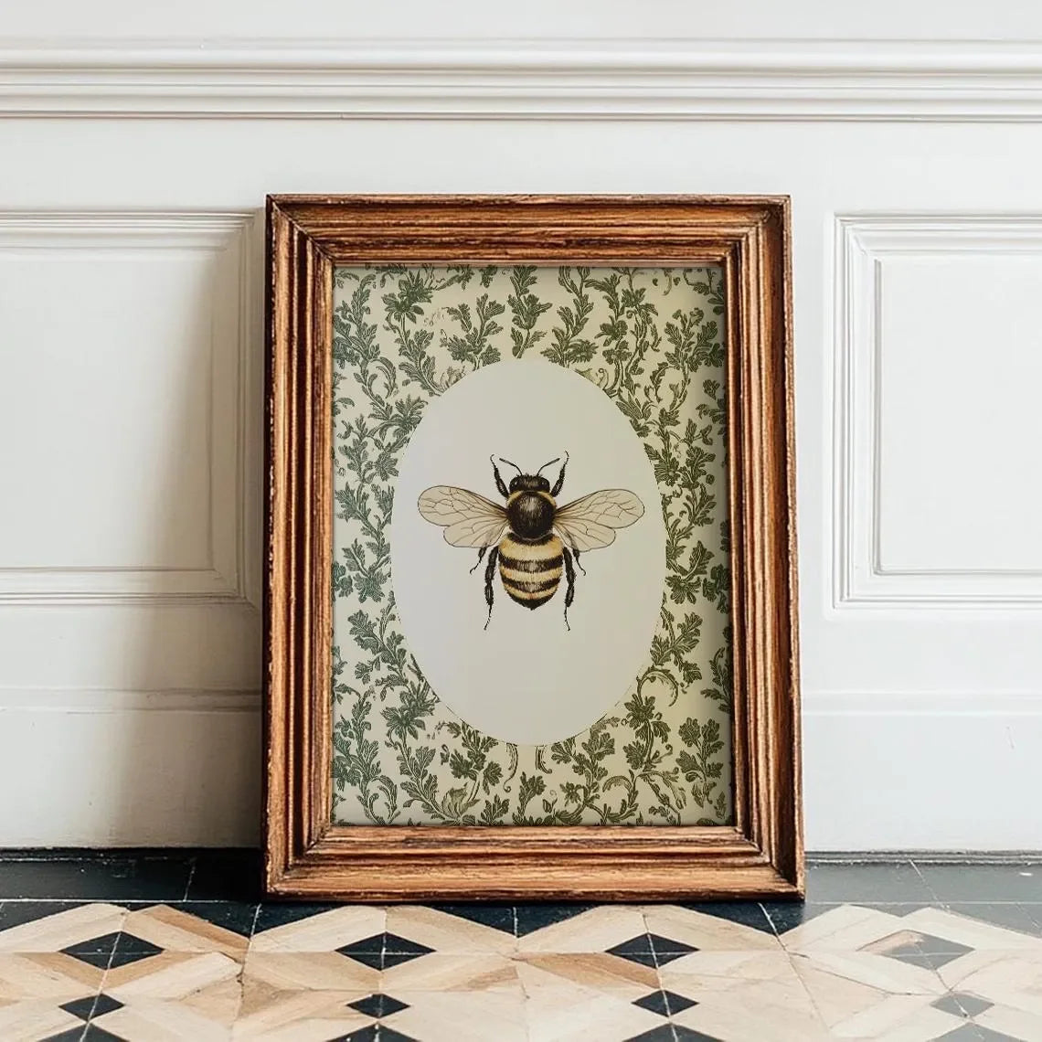 Vintage bee wall art print featuring a detailed bumblebee on a botanical background in a rustic frame style.