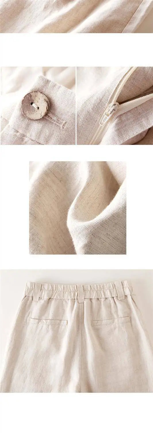 Collage of beige fabric details including a button and stitching.