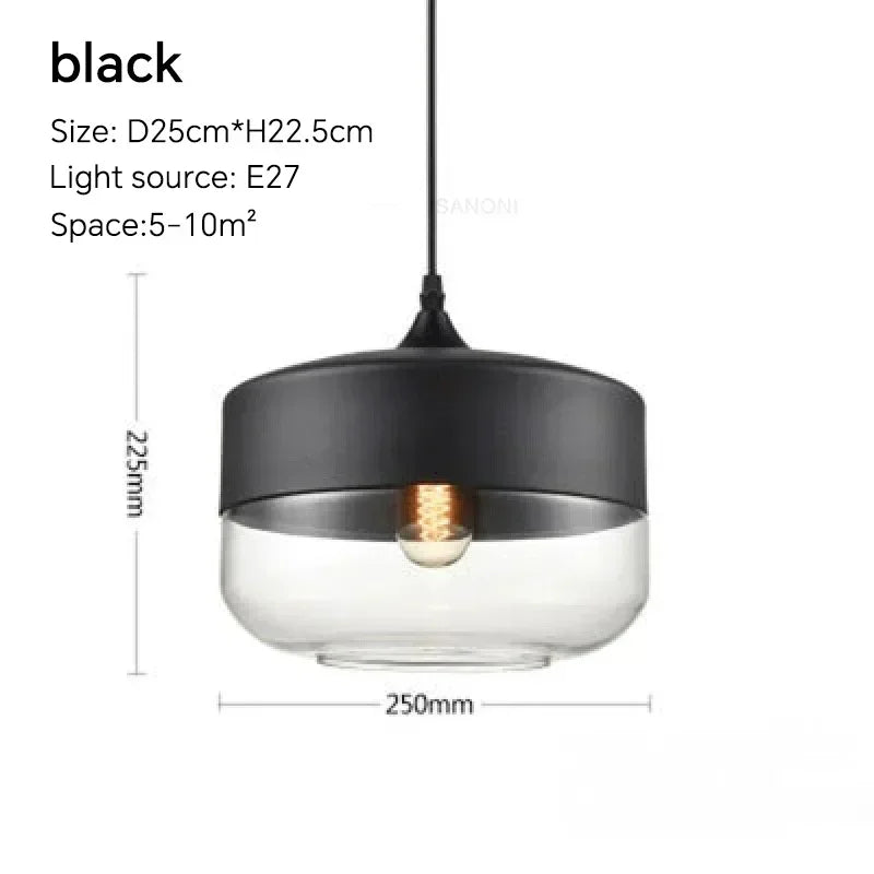 Black pendant light with dimensions and specifications on a white background