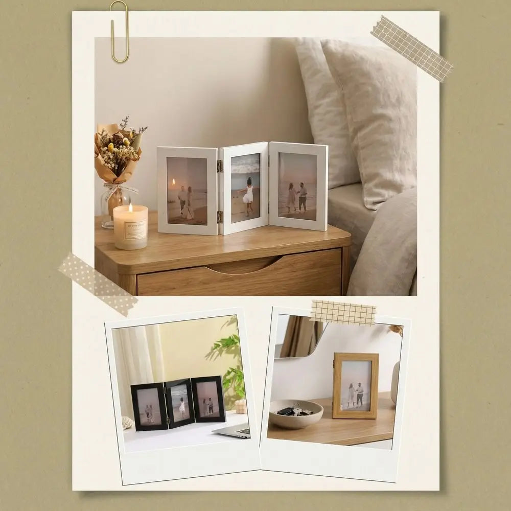 A collage-style product presentation showing three white photo frames displayed in home settings: one standing on a wooden nightstand beside a candle and dried flowers, one on a white surface next to a laptop, and one standing on a wooden table beside a bowl. The frames are shown in both tri-fold and single-panel styles.